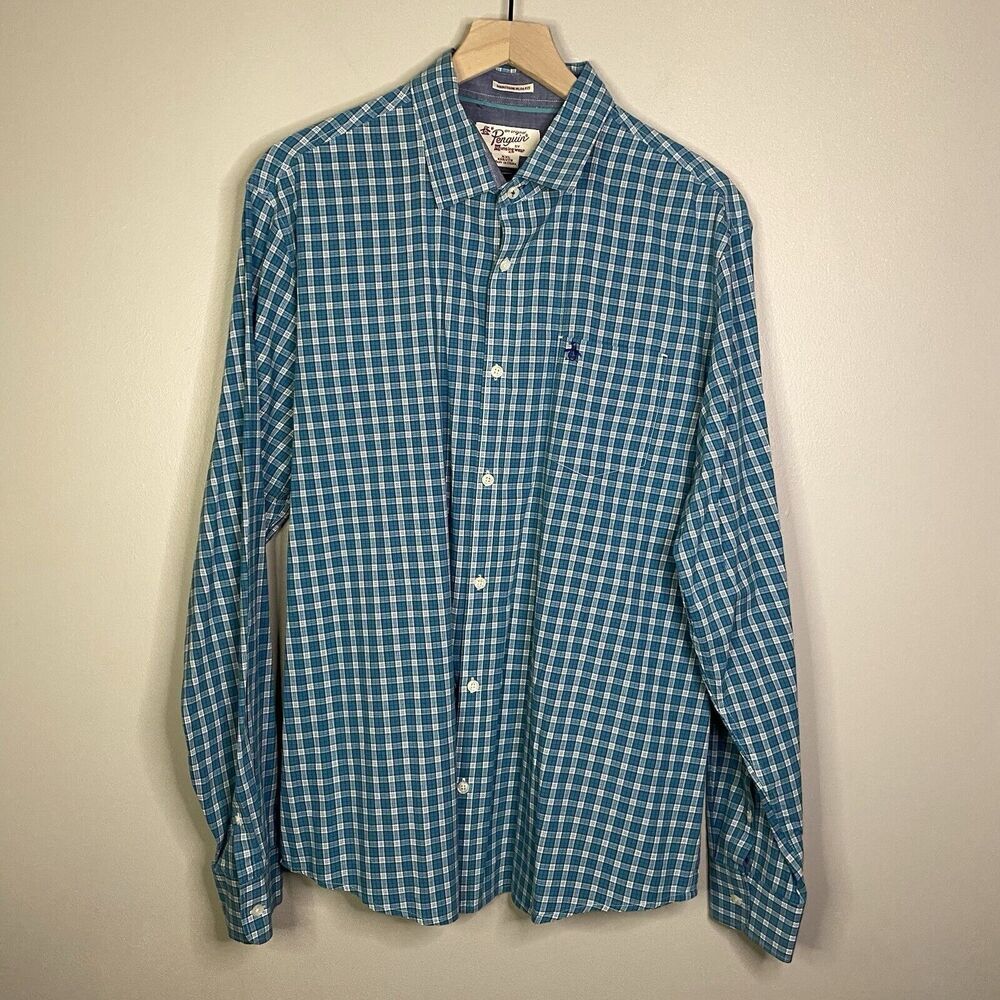 Penguin Heritage Slim Fit 2xl Men Long Sleeve Button Up Shirt Blue‎ Plaid XXL